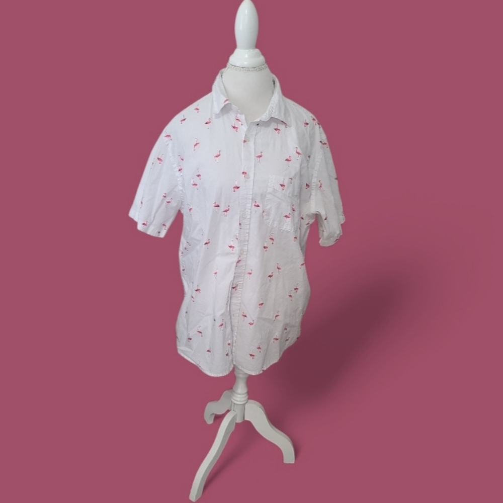 🦩 Mens Short Sleeve Flamingo Print Collar Shirt Sz XL